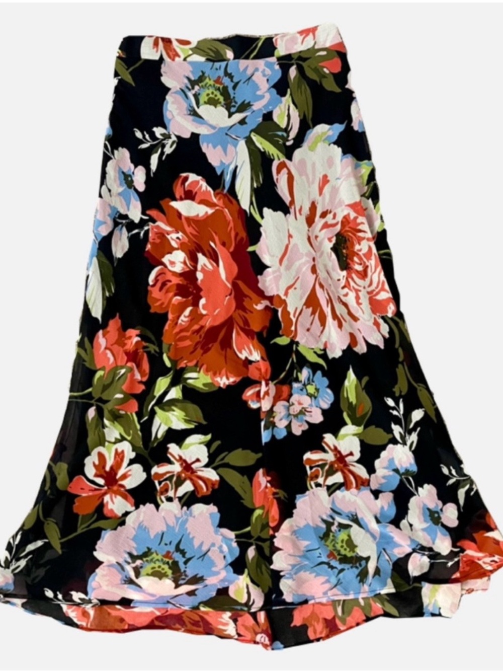 Roz & Ali Black Maxi Slip Skirt, Floral Print, Line Chiffon, Excellent Condition